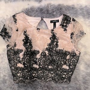 Pale pink and black, lace and sequin crop top, size 3